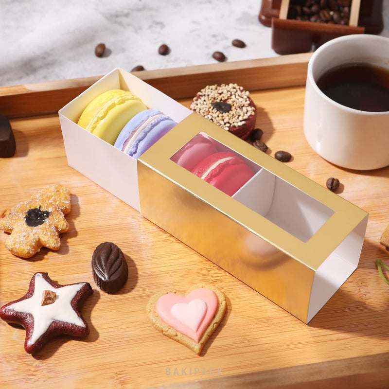 BAKIPACK 30 Macaron Boxes for 4 or 5 Macarons Gold Macaron Gift Boxes  Candy Gift Boxes  Macarons Box with Clear Window (Interior Measurement 4.8"" x 1.9"" x 1.9"" without Macaron inside) - Image 2